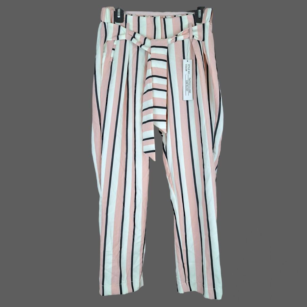 Body By Us Pink Black & White Striped Pants Built In Belt Women Size L